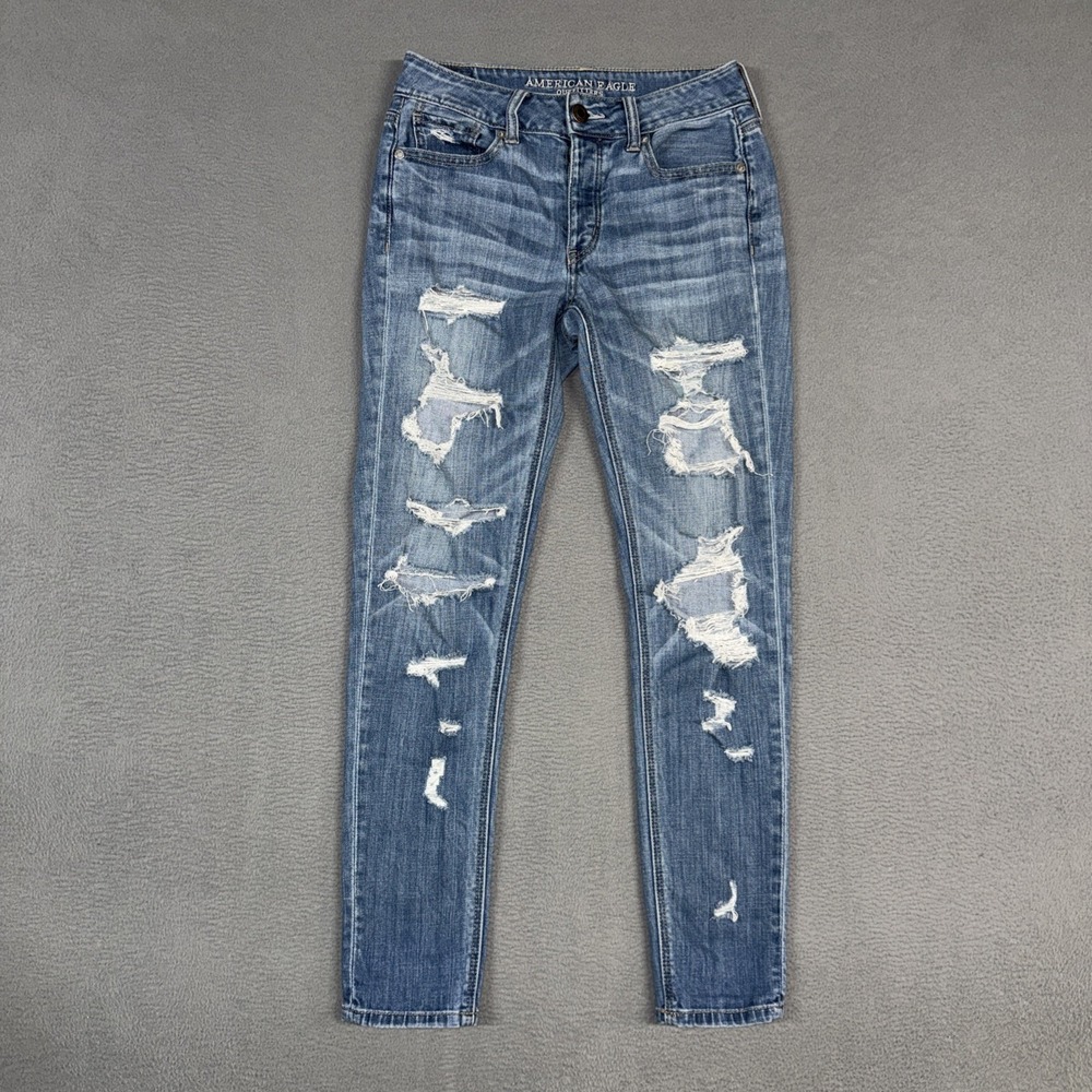 American Eagle Jeans Womens 0 Blue Tomgirl Distressed Denim Cotton Blend Grunge